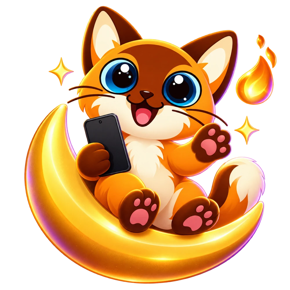 Feddy, a joyful orange kitten holding a phone on a golden crescent